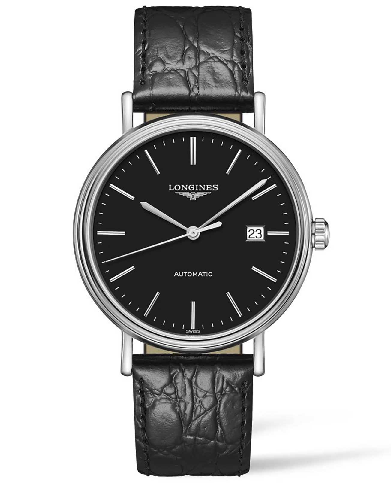 Longines Longines Presence L4.922.4.52.2  L49224522 механические мужские часы черный циферблат, браслет кожаный — вид спереди